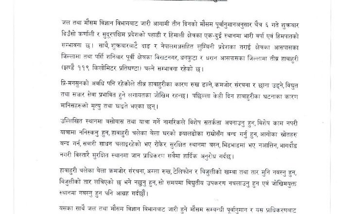 तीन दिन देशका विभिन्न भागमा वर्षा, हिमपात र भीषण हावाहुरीको सम्भावना