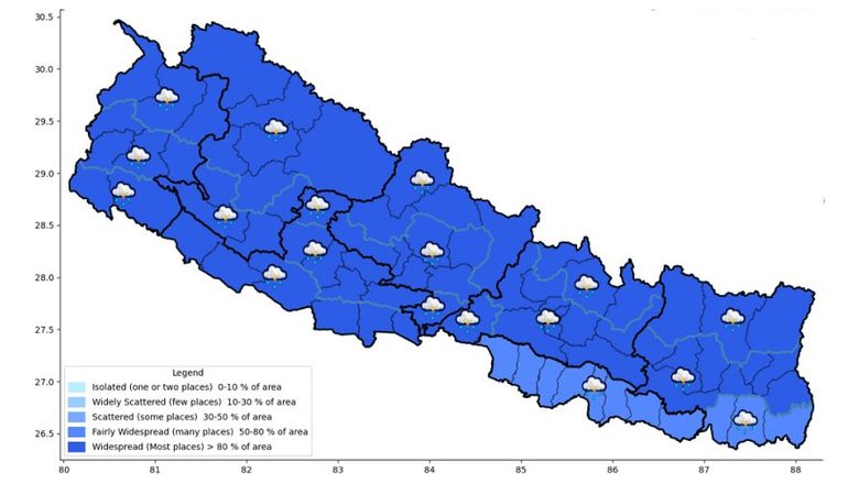 आज यी ठाउँमा भारी वर्षाको सम्भावना, कहाँ हुँदैछ धेरै भारी वर्षा ? 